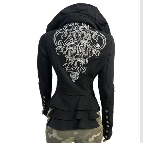 Dereon NWOT Stylish Hoodie Full Zip & Snap Closure Long Sleeve Small Black - Picture 2 of 7
